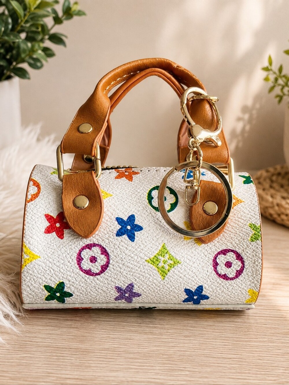 White Multicolor Patterned Top-Handle Bag with Tan Accents